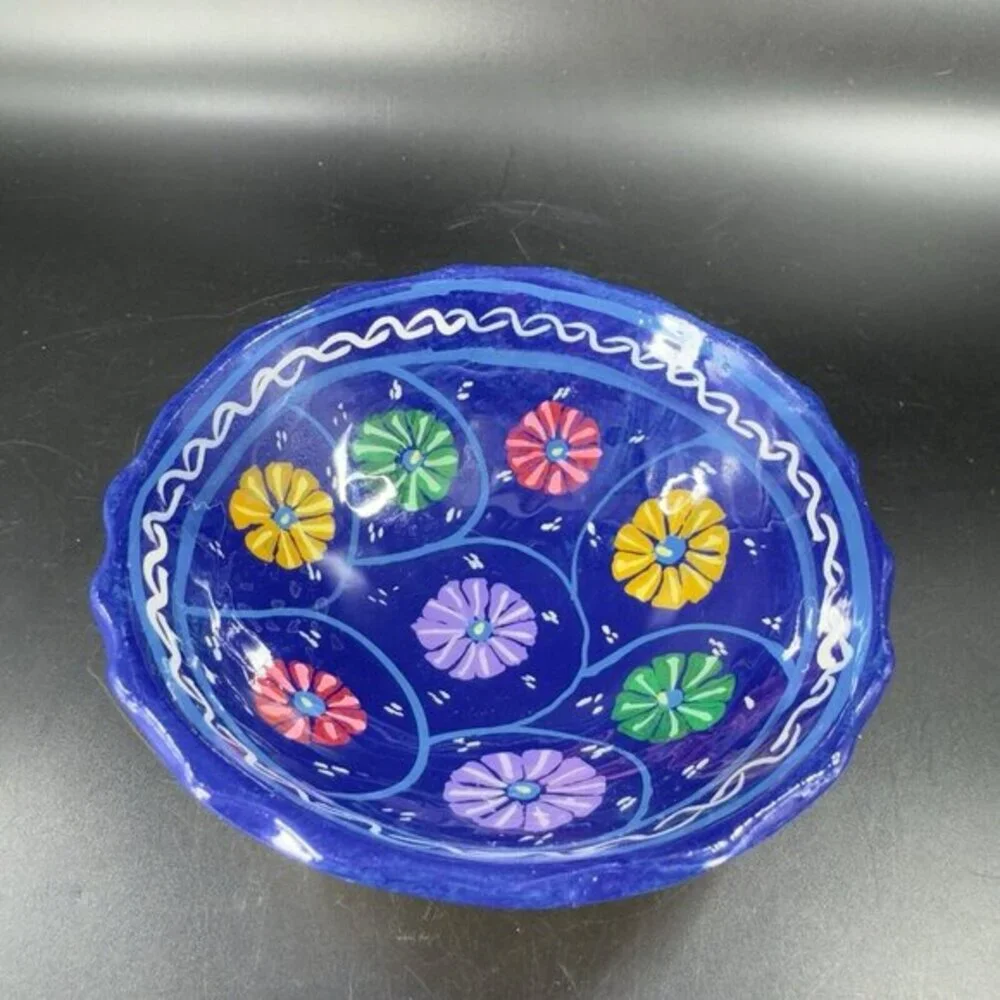 Vintage Hand Made Mexico Folk Art Pottery‎ Footed Bowl Dish Multicolor Blue Dish